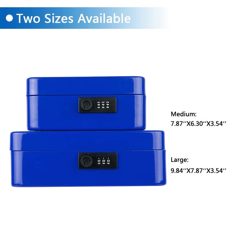 KYODOLED Large Cash Box with Combination Lock,Safe Metal Box for Money, Storage Lock Box with Money Tray,9.84"x 7.87"x 3.54" Blue Large - Image 5